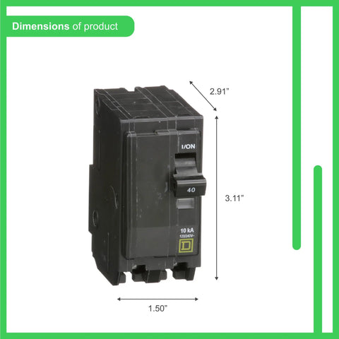QO240CP 40 Amp Two Pole Circuit Breaker with Plug On Design and Visi Trip Indicator, dimensions 2.91 x 3.11 x 1.50 inches