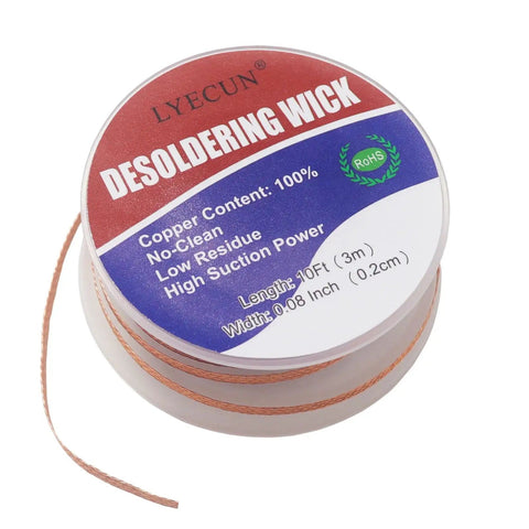 Close-up of 10 ft desoldering wick spool from 3 Piece Solder Wick Set With 20 Feet Braided Desoldering Wicks And Anti Static PCB Cleaning Brush