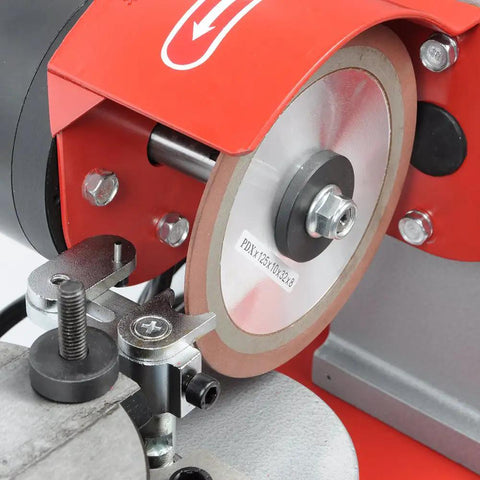 Close-up of 125mm Woodworking Circular Saw Blade Grinder Sharpener With 110V 250W Motor showing grinding wheel detail.