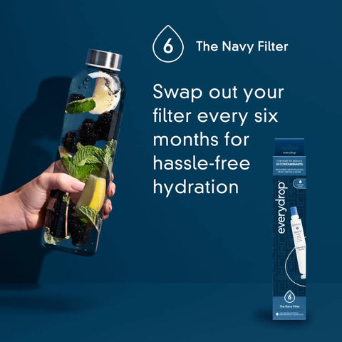 Hand holding infused water bottle with Replacement Ice and Water Refrigerator Filter 6 for Most Side by Side Fridges NSF Certified
