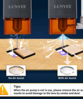 Air Assist pump kit for laser cutter; two LUNYEE laser heads, orange housings, left no air assist, right air assist.