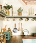 Gold Cup Hooks Set With 110 Pieces In Six Sizes displayed in kitchen holding cups and utensils