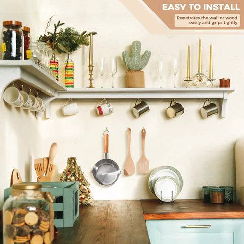 Gold Cup Hooks Set With 110 Pieces In Six Sizes displayed in kitchen holding cups and utensils