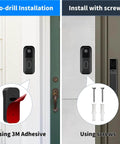 Comparison of no-drill installation using adhesive and screw installation for Doorbell Mount For All New Video Doorbell With Outlet Wall Mount For Sync Module Core No Drilling No Screws Camera Mounting Holder Easy Install For Blink Doorbell Outdoor System on a door frame.