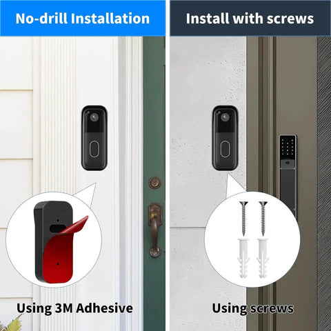 Comparison of no-drill installation using adhesive and screw installation for Doorbell Mount For All New Video Doorbell With Outlet Wall Mount For Sync Module Core No Drilling No Screws Camera Mounting Holder Easy Install For Blink Doorbell Outdoor System on a door frame.