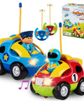Two Pack Cartoon RC Cars For Toddlers With Steering Wheel Controllers Lights And Sounds Police Car And Race Car Dual Frequencies