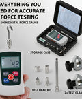 All In One 500N Digital Force Gauge And Manual Test Stand Kit With N Lb Kg Oz Units Nine Point Eight Inch Stroke Dual Clamp Test Stand For Tension And Compression Great For Lab School And Industrial Testing in storage case