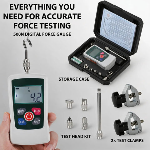 All In One 500N Digital Force Gauge And Manual Test Stand Kit With N Lb Kg Oz Units Nine Point Eight Inch Stroke Dual Clamp Test Stand For Tension And Compression Great For Lab School And Industrial Testing in storage case