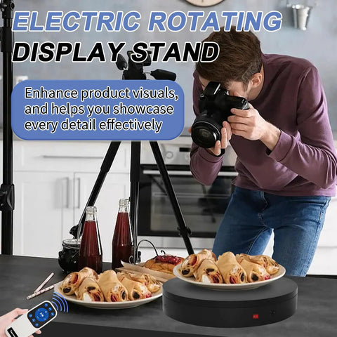Heavy Duty Remote Controlled Motorized Turntable With Speed Adjustment For Professional 3D Scanning And Showcase Photography Rotating Platform, 40 cm, showing food on display.