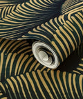 Dope Indigo Floral Wallpaper Featuring Sleek Gold Metallic Finish And Rich Fibrous Texture For A Clean Home Flex That Slaps On Walls While Staying Eco Friendly And Made In The Usa, rolled wallpaper showcasing intricate gold design.