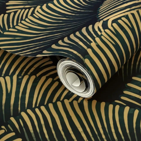 Dope Indigo Floral Wallpaper Featuring Sleek Gold Metallic Finish And Rich Fibrous Texture For A Clean Home Flex That Slaps On Walls While Staying Eco Friendly And Made In The Usa, rolled wallpaper showcasing intricate gold design.