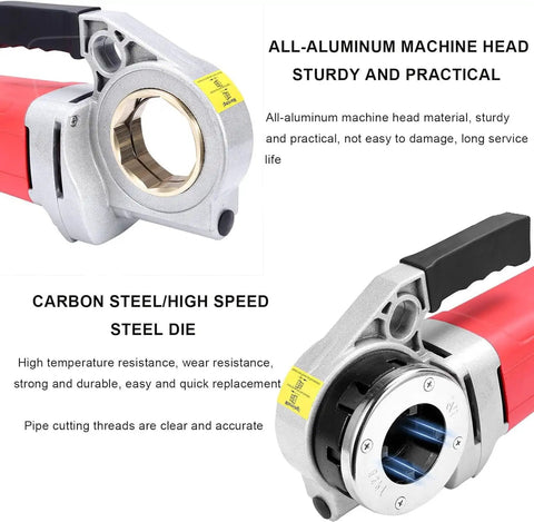 Heavy Duty Electric Pipe Cutter And Threader Kit With Six Dies For Water Gas Line Plumbing, showcasing all-aluminum machine head.