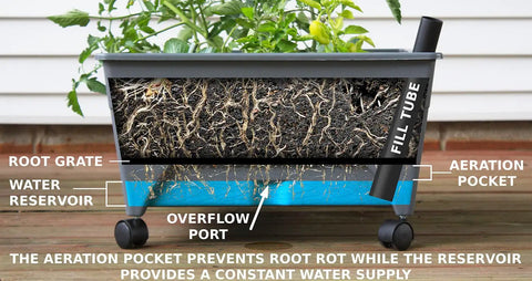 Diagram of City Picker Raised Bed Grow Box With Self Watering System And Improved Aeration Mobile Garden With Casters Slate Finish.