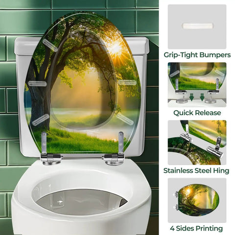 Resin Toilet Seat for Home Bathroom with tree design, elongated shape, stainless steel hinges, suitable for standard toilets.
