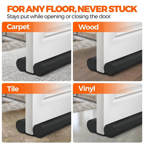 Heavy Duty Adjustable Door Draft Stopper And Weather Stripping Seal Blocks Those Stubborn Drafts Dust And Pesky Bugs While Keeping Your Place Snug All Year Round Black shown on Carpet, Wood, Tile and Vinyl floors.