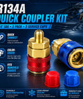 R134a Quick Coupler Kit 2 Pack With 1 Quarter SAE Thread Pro Grade Auto AC Service Adapters For DIY Techs Compatible With Manifold Gauges And Vacuum Pumps For Refrigerant Recharge Fits Mini Split Car AC Maintenance, brass red blue caps