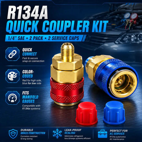 R134a Quick Coupler Kit 2 Pack With 1 Quarter SAE Thread Pro Grade Auto AC Service Adapters For DIY Techs Compatible With Manifold Gauges And Vacuum Pumps For Refrigerant Recharge Fits Mini Split Car AC Maintenance, brass red blue caps