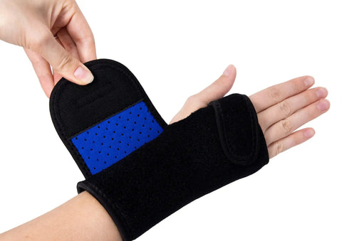 Right Hand Carpal Tunnel Wrist Brace For Men And Women Adjustable Wrist Splint With All Day Comfort open to show blue lining