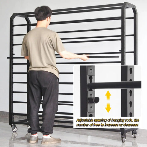 Vinyl Wrap Rack With Lockable Wheels, 12 Rods Fabric Organizer, 175cm Adjustable Storage Cart For Auto Shop And Craft Supplies, Heavy Duty Metal Frame, Customizable Rod Spacing For Rolls, man adjusting rods