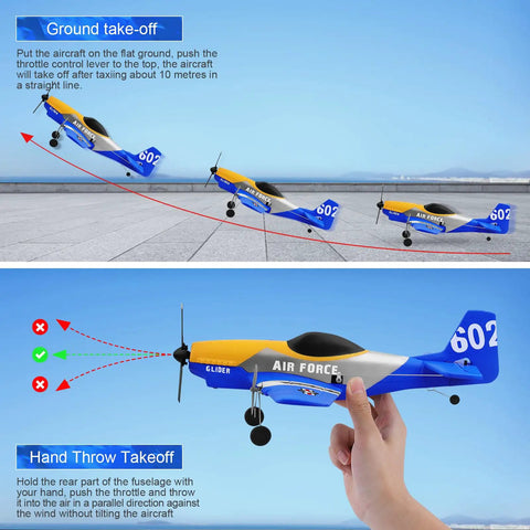 Demonstration of easy takeoff methods for Three Channel Two Point Four GHz RC Plane With Gyro Stabilization P51D Mustang Style Fighter Aircraft.