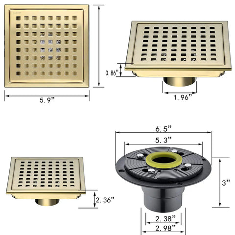 Six Inch Brushed Gold Stainless Square Shower Drain Kit With Tile Insert Grate Removable Low Profile Flat Cover And Threaded Adapter For No Hub Drain Base System High Flow 2 Inch Outlet, showing dimensions and design details.