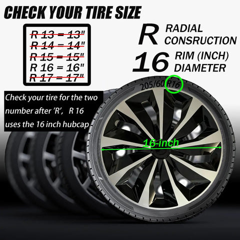 Universal 16 Inch Steel Wheel Hub Cap Covers Set of 4 for Cars Trucks SUVs, showing size compatibility guide