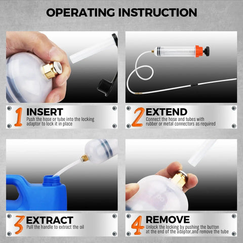 Operating instructions for No Sweat 500 Cc Manual Fluid Extractor Pump With Long Hose for easy oil removal and fluid swaps.