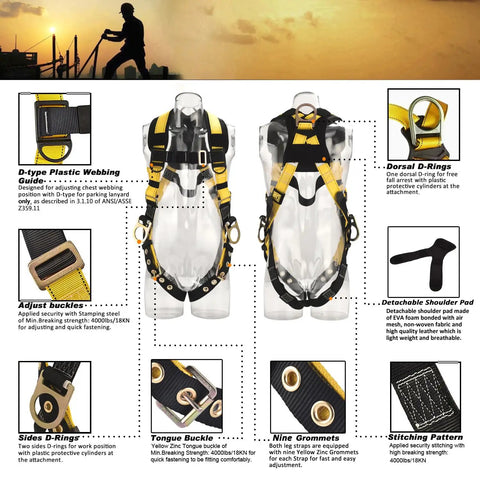 3D Rings Industrial Fall Protection Safety Harness With Leg Tongue Buckles And Shoulder Pad Support ANSI CSA Compliant displayed against a worksite background