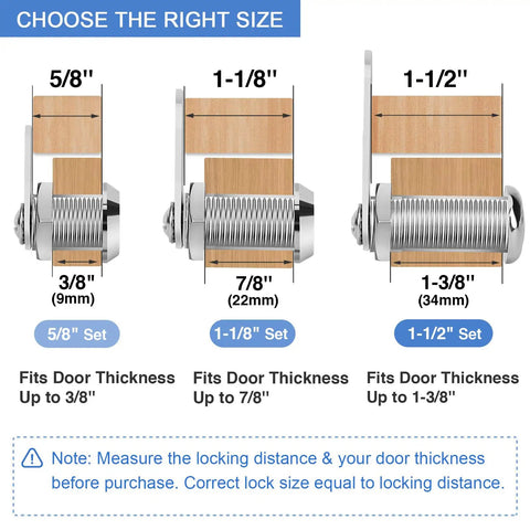 Visual guide for choosing Five Eighths Inch Zinc Alloy Cam Locks Set With Keys, Keyed Alike, Eight Pack based on door thickness.