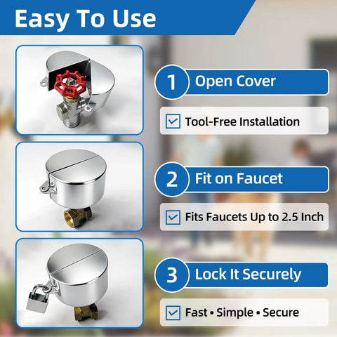 Steps for using Dual Lock Outdoor Faucet Lock Kit With 2 Padlocks, tool-free installation, fits faucets up to 2.5 inches, secure locking.