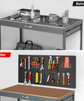 Before and after view showing 4 Pack Metal Pegboard Panels 24x12 Inches For Wall And Workbench Use, Heavy Duty Peg Boards with tools.