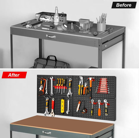 Before and after view showing 4 Pack Metal Pegboard Panels 24x12 Inches For Wall And Workbench Use, Heavy Duty Peg Boards with tools.