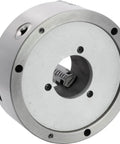 Premium 8 Inch 3 Jaw Self Centering Scroll Lathe Chuck With Front Mount viewed from the side showing its sturdy design and internals.