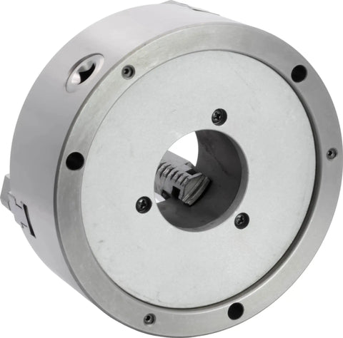 Premium 8 Inch 3 Jaw Self Centering Scroll Lathe Chuck With Front Mount viewed from the side showing its sturdy design and internals.