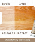 Real Deal Food Grade Mineral Oil For Cutting Boards Includes A Wax Applicator That Knocks Out Dryness On Butcher Block Surfaces And Delivers A Slick Finish showing before and after of butcher block maintenance.