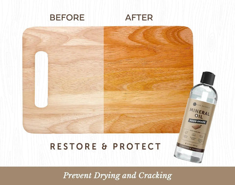 Real Deal Food Grade Mineral Oil For Cutting Boards Includes A Wax Applicator That Knocks Out Dryness On Butcher Block Surfaces And Delivers A Slick Finish showing before and after of butcher block maintenance.