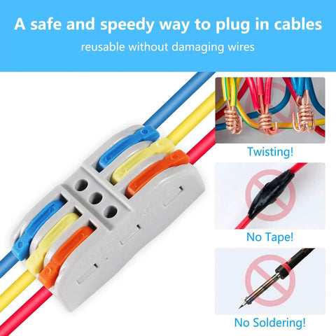 Three In Three Out Lever Nut Wire Connectors For Quick Push In Splice No Tools Needed Easy Snap In Terminal Block visible with wires