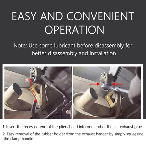 Exhaust hanger removal tool with 25° offset design; heavy-duty pliers with non-slip handle shown in front view.