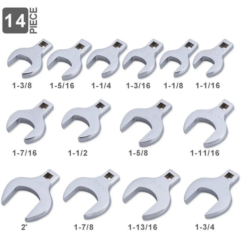 14 Piece Jumbo Crowfoot Wrench Set For 1/2 Inch Drive Chrome Vanadium Steel With Storage Tray SAE Sizes From 1-1/16 To 2 Inches Rust Resistant Mirror Finish