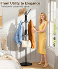 Heavy Duty Freestanding Coat Rack With Stable Wood Base And Metal Frame, 12 Hooks For Jackets Hats Bags, in bedroom