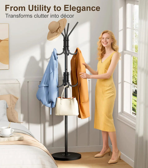 Heavy Duty Freestanding Coat Rack With Stable Wood Base And Metal Frame, 12 Hooks For Jackets Hats Bags, in bedroom