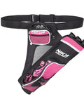 Pink archery hip quiver with three detachable arrow tubes, adjustable nylon holder pockets for youth and adults, side view.