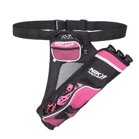 Pink archery hip quiver with three detachable arrow tubes, adjustable nylon holder pockets for youth and adults, side view.
