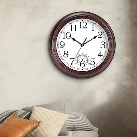Vintage Bronze 8.5 Inch Outdoor Wall Clock With Thermometer Silent Battery Operated Retro Vibes Non Tick Clock For Living Room Patio Kitchen Office Bathroom Bedroom Decor