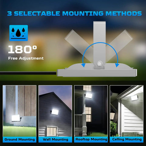 10 Pack 500W LED Flood Lights Slam Out 40000 Lumens Daylight White IP67 Weather Resistant Outdoor Security Work Lights For Garage Yard And Patio showing 3 mounting methods, adjustable angle.