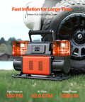 Heavy Duty Dual Cylinder Air Compressor Packed With 10.6 Cfm Quick Fill And Auto Shutoff, 150 PSI, portable tire inflator on grass.