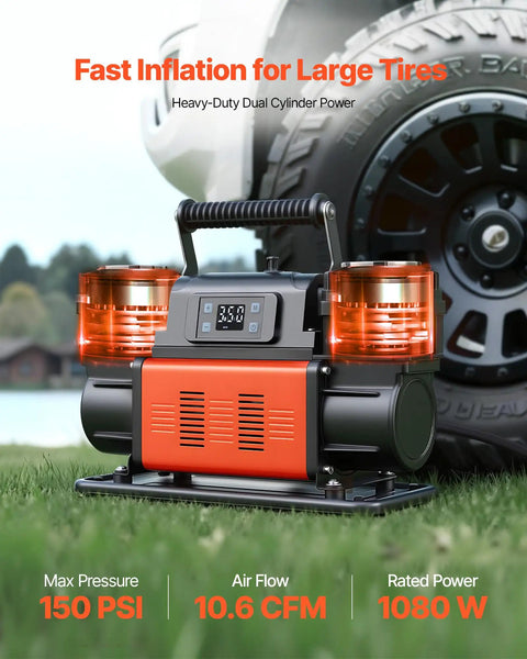 Heavy Duty Dual Cylinder Air Compressor Packed With 10.6 Cfm Quick Fill And Auto Shutoff, 150 PSI, portable tire inflator on grass.
