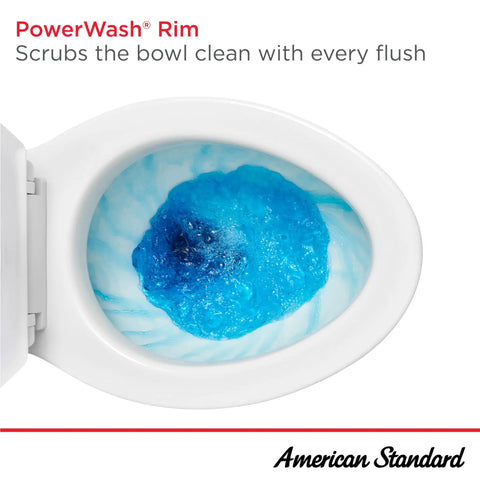 Heavy Duty Two Piece Elongated Toilet Featuring Reliable Powerwash Rim And Comfort Height Design For No Fuss Daily Refresh In Pristine White Porcelain, top view showing PowerWash® rim cleaning bowl.