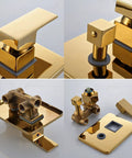 Slick Wall Mount Shower Kit With Led Glow And Tub Spout Boasting Crisp Square Rainfall Head Handheld Spray Top Shelf Adjustable Valves And No Fuss Cleanup. Gold brass shower valve components and lever handle.