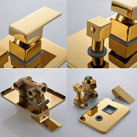 Slick Wall Mount Shower Kit With Led Glow And Tub Spout Boasting Crisp Square Rainfall Head Handheld Spray Top Shelf Adjustable Valves And No Fuss Cleanup. Gold brass shower valve components and lever handle.